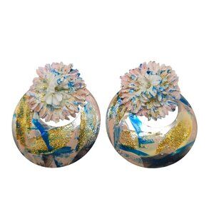Vintage 1980s Floral Enamel Earrings With Pink Gold Glitter Blue Accents